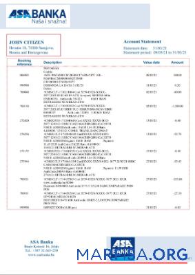 Realistic Bosnia and Herzegovina ASA Banka bank statement example
